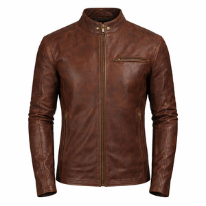 Veste en cuir véritable marron pour homme, coupe ajustée, col montant, style motard, fermeture éclair, décontractée, imperméable et coupe-vent pour l'automne - Product Image 1