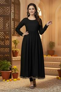 Ensemble Kurti et pantalon noir uni style robe trapèze pour occasions festives, sans dupatta, pour grossistes et détaillants - Product Image 2