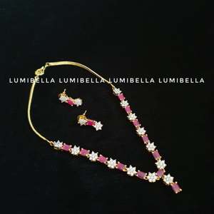 Fashion Jewelry Set 1 Gram Gold Necklace with Earrings <b>Ruby</b> Stone Embellished Simple Design - Product Image 2
