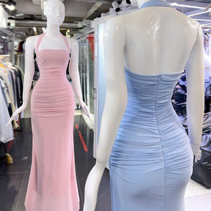 Robe longue unie sexy pour femme, taille naturelle, manches courtes, simple, élégante, confortable et décontractée pour les événements formels - Product Image 4