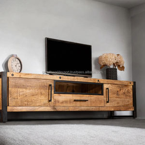 Meuble TV industriel en bois de manguier avec portes coulissantes, console moderne en bois massif pour appartement, tiroirs de rangement, compatible avec les téléviseurs de 65 pouces et plus - Product Image 1