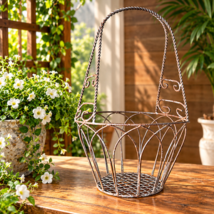 Panier suspendu vintage en métal avec poignée à motifs décoratifs et support de pot de fleurs en fer décoratif pour balcon - Product Image 2