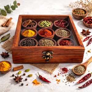 กล่องใส่เครื่องเทศไม้ทำมือ – อินเดียน มาซาลา ดาบบา, กล่องจัดระเบียบในครัวสไตล์เรียบง่าย, ฝาแก้วพร้อมช้อนและช่องใส่ของ 12 ช่อง - Product Image 6