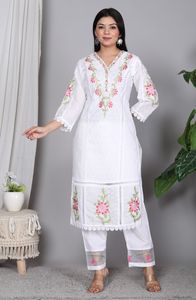 NIYANI White Traditional Summer Floral Embroidered Cotton Quick Dry Wrinkle-Free <b>Kurta</b> Pair Salwar Kameez <b>Women</b> Diwali Wedding - Product Image 4