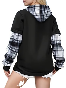 Sudadera con Capucha de Diseño Color Block en Blanco y Negro, Estilo Casual, Holgada, de Manga Larga, 100% Algodón, Personalizada para Mujer - Product Image 2