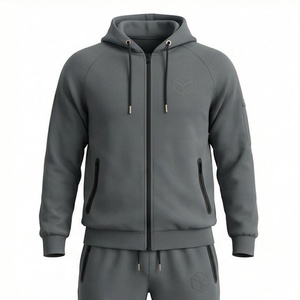 Survêtement gris à capuche en polaire respirant pour homme, fermeture éclair intégrale, poches latérales, couleur unie, vêtements de sport décontractés, tenue d'hiver, coupe classique - Product Image 1