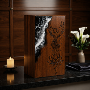 Wooden Urn <b>Memorial</b> Keepsake Box Carved Phoenix Lotus Decorative Cremation Urn Desktop Tribute <b>Gift</b> - Product Image 1