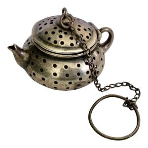 Vintage Silver <b>Tea</b> Infuser <b>Set</b> with Leaf and Teapot Design Polished Finish Chain Attached - Product Image 5