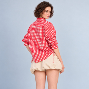 Chemise boutonnée à carreaux rouges pour femmes, coupe ample, manches trois quarts, chemisier décontracté - Product Image 6