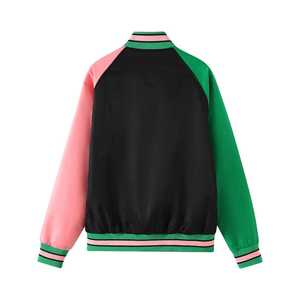 Blouson Bomber Noir AKA avec Doublure Personnalisée, Broderie Lettres Grecques Rose et Vert, Style Universitaire Streetwear pour Femme - Product Image 2