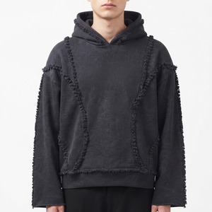 Washed <b>Black</b> Oversized Hoodie <b>Men</b> Fringe Raw Edge Crop Sweatshirt 100% Cotton <b>Fleece</b> - Product Image 6