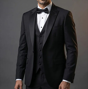 Traje de esmoquin negro con lentejuelas para hombre, estilo británico, corte regular, solapa con muescas, poliéster tejido antiencogimiento - Product Image 4
