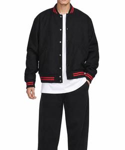 Men's Black Varsity Jacket with Red Trim Stand Collar <b>Button</b> Closure Casual Spring Windproof Solid Color PU Material - Product Image 2