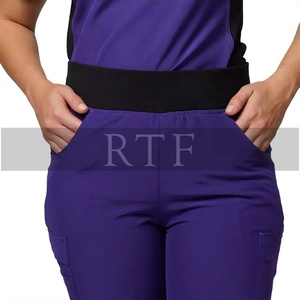 Conjunto de Uniformes Médicos Unisex de Poliéster y Spandex Elástico, Blusa de Manga Corta con Cierre y Pantalones Jogger, Cintura Elástica - Product Image 2