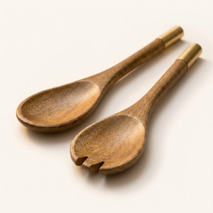 Vintage Mango Wood Salad Server Set Eco-Friendly Wooden Serving Spoons for Kitchen & Dining Tableware with Gold Finish Handles - Product Image 2