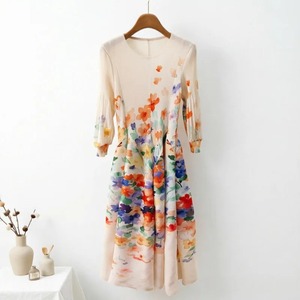 Solid Woven A-Line <b>Dress</b> O-Neck Puff Sleeve Mid-Calf Casual Career <b>Dress</b> <b>Linen</b> Natural Waistline Button - Product Image 3