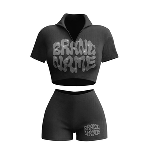 Conjunto de 2 Piezas para Mujer, Top Corto de Punto Acanalado con Estampado Brillante y Pantalones Cortos, Cuello Camisero, Manga Corta, Ropa Urbana, Primavera Verano - Product Image 4