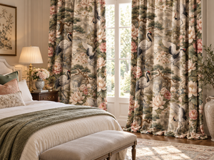 Paneles de Cortina con Diseño Floral de Grullas Estilo Chinoiserie, Cortinas Beige con Estampado Botánico para Sala de Estar - Product Image 3