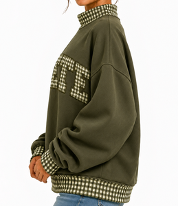 THETE Oversized Women's Crew Neck Sweatshirt With Plaid <b>Letter</b> <b>Applique</b> Design Autumn Casual Knitted Pullover - Product Image 3