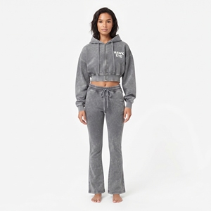 Ensemble jogging évasé à épaules tombantes en molleton de coton, coupe régulière, avec sweat à capuche court zippé et effet délavé, haute qualité, personnalisé pour femme - Product Image 5