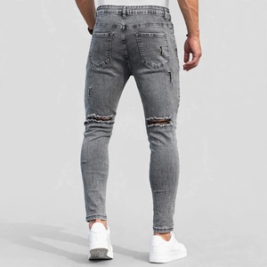Jean en denim gris déchiré coupe slim pour homme, taille haute, délavé, style décontracté, en coton tissé, jambe droite, collection printemps - Product Image 3