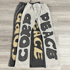 Ensemble deux pièces en coton délavé à l'acide vieilli personnalisé Pantalon de survêtement évasé pour hommes Survêtements à capuche imprimés décontractés d'hiver Vêtements d'extérieur - Product Image 3