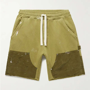Shorts de charpentier en coton de haute qualité à double genouillère contrastante, patchwork, bords bruts, effet éclaboussures de peinture, en toile de coton lavée - Product Image 6
