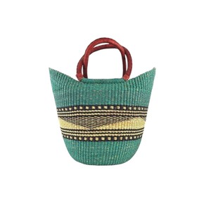 Sac fourre-tout en jonc de mer tressé au design moderne, avec poignée en cuir marron, motif queue d'hirondelle, rayures bleu sarcelle et noires, sac de plage d'été de qualité supérieure - Product Image 1