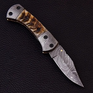 Cuchillo Plegable Recto de Damasco Hecho a Mano, Grado Industrial, Táctico, para Camping, Caza, EDC, Mango de Cuerno, Punta Caída - Product Image 2