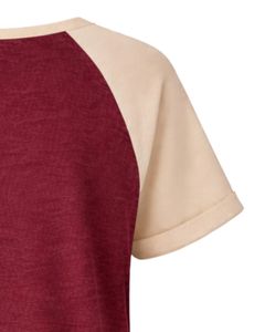T-shirt pour femme beige bordeaux à manches courtes, col Henley, manches raglan, coton doux, décontracté, respirant, confortable, à porter au quotidien - Product Image 3