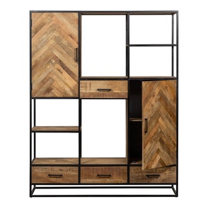 Bibliothèque en fer massif en bois de manguier massif 4 tiroirs de rangement Affichage rayé industriel moderne pour cuisine salle à manger meubles de maison - Product Image 3