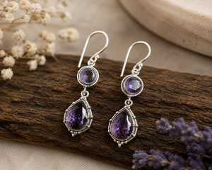 Pendientes Colgantes de Amatista Púrpura, Joyería Boho con Piedras Preciosas, Hechos a Mano, Regalo de Boda o Compromiso para Ella, Chapados en Plata de Ley - Product Image 5