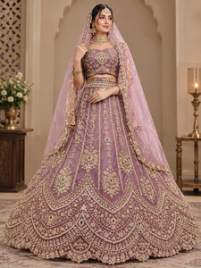 <b>Purple</b> Embroidered Nylon Polyester Lehenga Choli Floor-Length Traditional Indian Pakistani Wedding <b>Dress</b> Women's Bridal Quick - Product Image 2