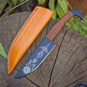 มีดล่าสัตว์สไตล์ไวกิ้ง ใบมีดเหล็กคาร์บอน ด้ามหุ้มหนัง มีดสำหรับกิจกรรมกลางแจ้ง OEM คมกริบ แกะสลักตามสั่ง ใบมีดแบบตายตัว - Product Image 1