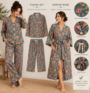 Women Floral Cotton Pajama Set <b>Kimono</b> Robe V-neck Drawstring Closure <b>Long</b> <b>Sleeve</b> Relaxed Fit Sleepwear Combo Elegant Comfortable - Product Image 1