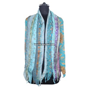Sari en soie réversible vintage avec 10 bandes de foulards Patti, écharpe longue tendance SC035 pour filles, patchs de sari indien, écharpe colorée - Product Image 4