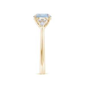 Anillo de oro amarillo con aguamarina redonda y detalles de diamantes marquise y redondos, anillo solitario con racimo de piedras preciosas naturales, forma redonda. - Product Image 3