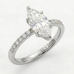 Anillo de Compromiso de Plata 925 con Moissanita Corte Marquesa LY, Banda Pavé, Baño de Rodio, Joyería Clásica para Aniversario de Bodas - Product Image 3