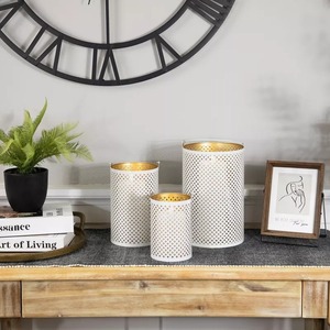 <b>Lantern</b> Set of 3 Metal Candle Holders <b>White</b> with Gold Cross Pattern Die Cutting Portable Home Decoration - Product Image 2