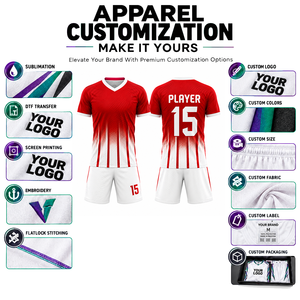 Ensemble de maillots de football personnalisés sublimés, rayé rouge et blanc, col en V, manches courtes, évacuation de l'humidité, pour hommes adultes, 100% polyester - Product Image 3