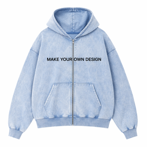 Sweat à capuche zippé surdimensionné personnalisé en molleton de coton épais avec impression en relief et broderie, effet délavé vintage, fabricant OEM ODM - Product Image 1