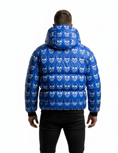 Blouson matelassé à capuche pour homme, imprimé crâne bleu, chaud pour l'hiver, style streetwear, vente en gros personnalisée - Product Image 2