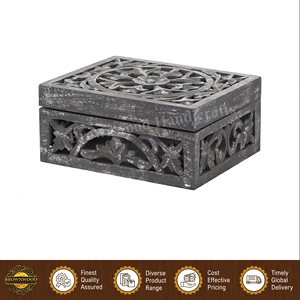 Indian Exporter of Best Quality Top Selling Distressed <b>Grey</b> Antique Color Handmade Hand Carved Wooden <b>Box</b> for Jewelry <b>Storage</b> - Product Image 3