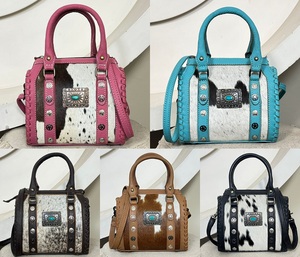 Premium <b>Tooled</b> Pink <b>Leather</b> Studs & Turquoise Concho Designer Duffel Bags Small Compact Cowhide <b>Leather</b> Travel Ladies Handbags - Product Image 5