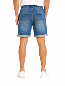 Mens Blue Denim Shorts <b>Elastic</b> Waist Drawstring Casual Summer Short <b>Folded</b> Hem Relaxed Fit Lightweight Comfortable Everyday Wear - Product Image 3