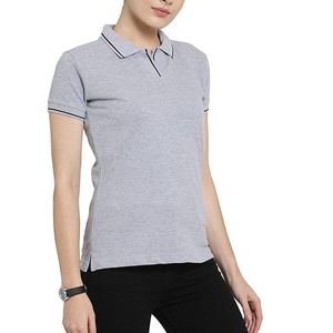Polo à manches courtes gris pour femme, couleur unie, en coton tricoté, haut décontracté - Product Image 3