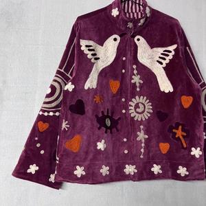 Elegant <b>Purple</b> <b>Velvet</b> Embroidered Suzani Jacket With Floral And Bird Pattern Full Sleeve Stand Collar Bohemian Women Winter Coat - Product Image 2
