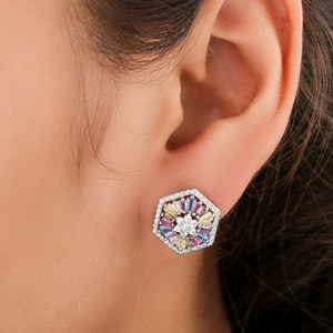 Hexagon <b>Stud</b> <b>Earrings</b> With Multicolor <b>Crystal</b> Rhinestones Prong Setting For Women Classic Fashion Jewelry - Product Image 4