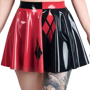 Women High Waist PU Leather A-Line <b>Skirt</b> Red <b>Black</b> Color Blocking Asymmetrical Print Shiny Mini Dress All Seasons Wear - Product Image 6