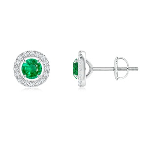14kt White Gold Emerald Halo Stud <b>Earrings</b>, Natural Round Emerald Diamond <b>Earrings</b>, Screw Back <b>Fine</b> Jewelry for Women - Product Image 1